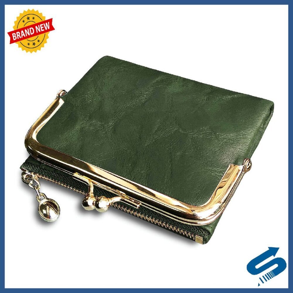 Compact Bifold Leather Wallet with Zipper Coin Purse & Kiss Lock